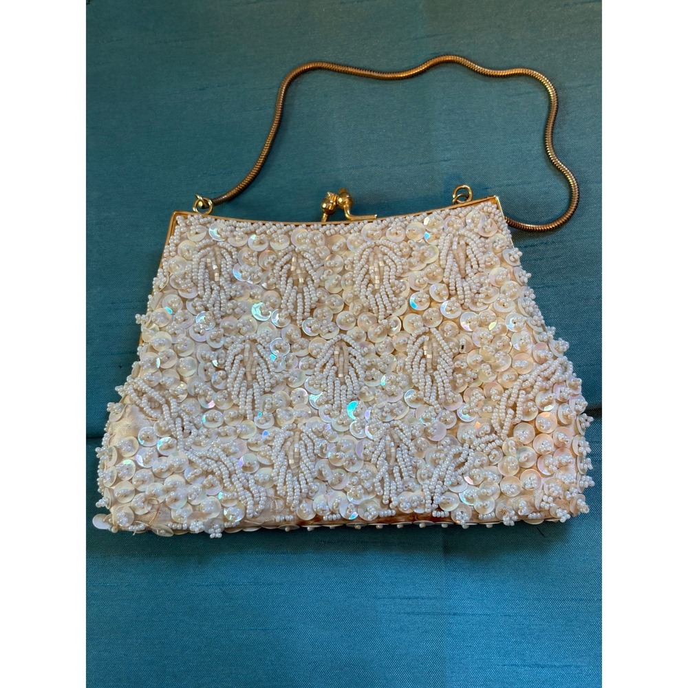Vintage Beaded Evening Bag Women Small Pearlcore Bridal Sequin Gold Chain Clutch